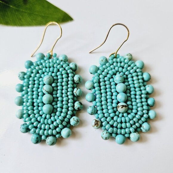 Large Beaded Turquoise Bohemian Shield Earrings | Handmade Indigenous Earrings - Picture 4 of 6
